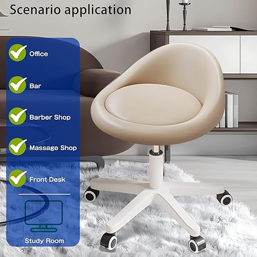 Miniatura 3 de Taburete con ruedas Asiento giratorio ergonómico, altura ajustable, ruedas ultra silenciosas, cojín acolchado de piel sintética, para salón,