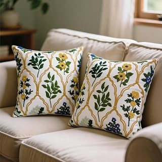 Alysheer Floral Embroidered Throw Pillow Cover 18"x18", 2pcs Mustard Blue | Decorative Patterned Cotton Cushion Cases Durable Flowers Textured Pillowcase for Couch Sofa Bed Living Room Cottage Décor