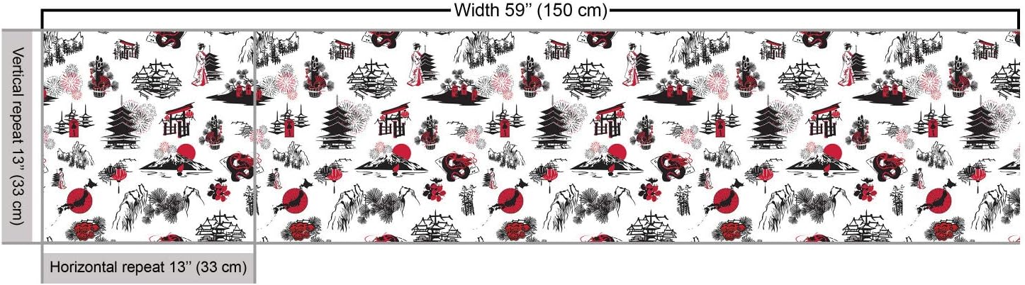 Ambesonne East Fabric by The Yard, Japanese Architecture Towers Palaces Houses Sketchy Silhouettes Dragon, Decorative Fabric for Upholstery and Home Accents, 3 Yards, Coral White