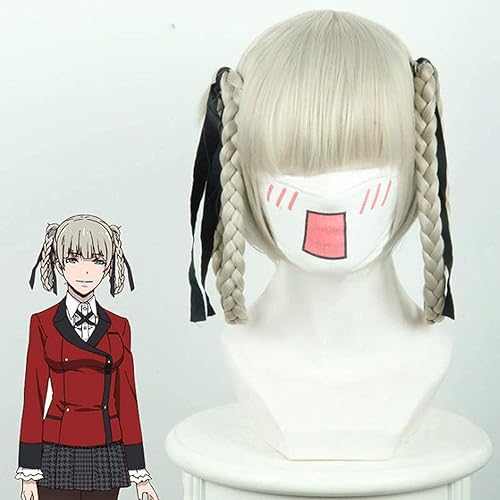 Japanese Anime Kakegurui Kirari Momobami 35cm Short Wigs Gray Braids Styled Clip on Cosplay Wig+ wig cap