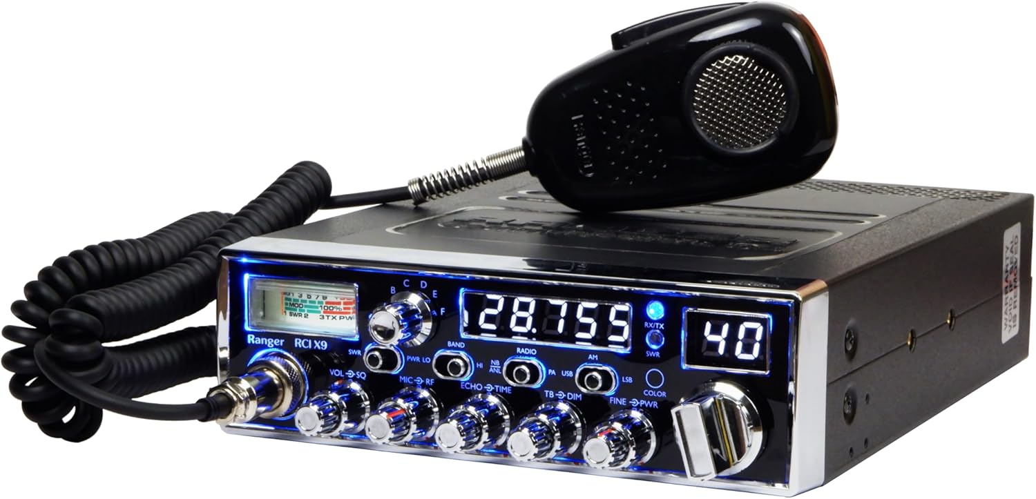 Ranger RCI-X9 High Power 10 Meter Amateur Radio 100W PEP AM/SSB Multi-Mode Touch-Select 7-Color Backlight SRA-198 Dynamic Noise Cancelling Mic Built-in Heat Sink & Twin Cooling Fans Frequency Counter