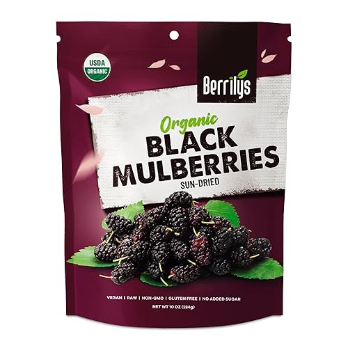 Berrilys Moras secas orgánicas, negras, moras secas, sin OMG, sin sulfuro, crudo, 10 onzas,