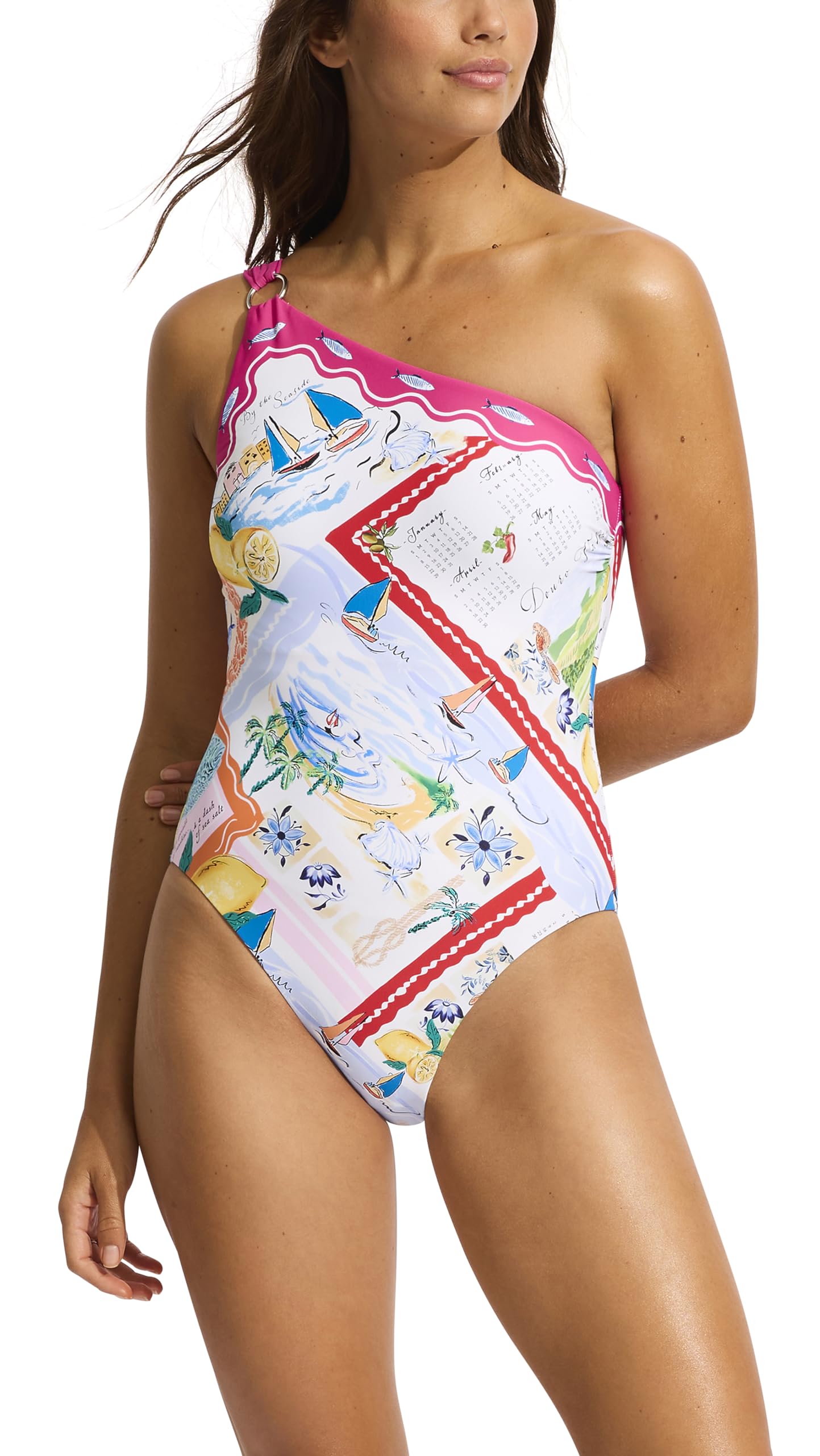 Seafolly Women's Shoulder One Piece Swimsuit, Wish You were Here Fuchsia Rose, 4