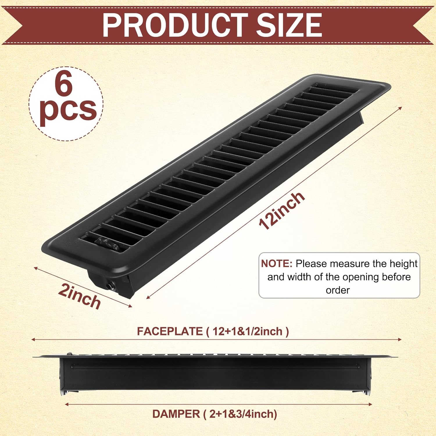 Tandefio 6 Pcs 2" x 12" Floor Register Vent Covers Metal Heavy Duty Walkable Floor Air Vent Covers with Rust Proof Finish Grille Easy Adjust Air Supply Lever for Home Wall Ceiling (Black)