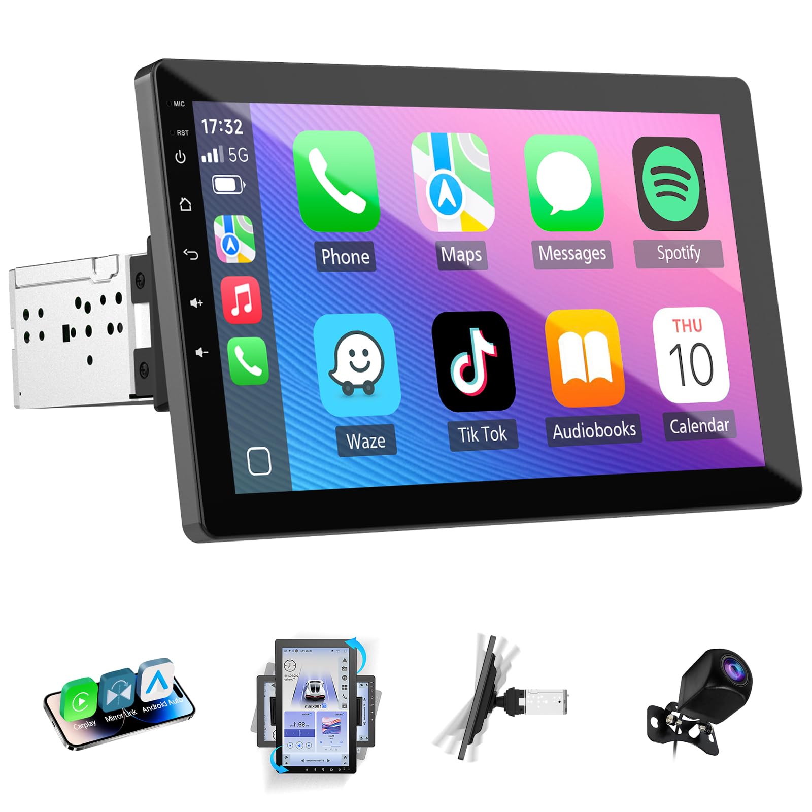 Autoradio 1 DIN Bluetooth con Wireless Carplay & Android Auto, 7 Pollici Touchscreen Radio con GPS/Mirror Link/Controllo Vocale/RDS/FM/AM Radio/USB/Telecamera Posteriore - Ruotabile 360°
