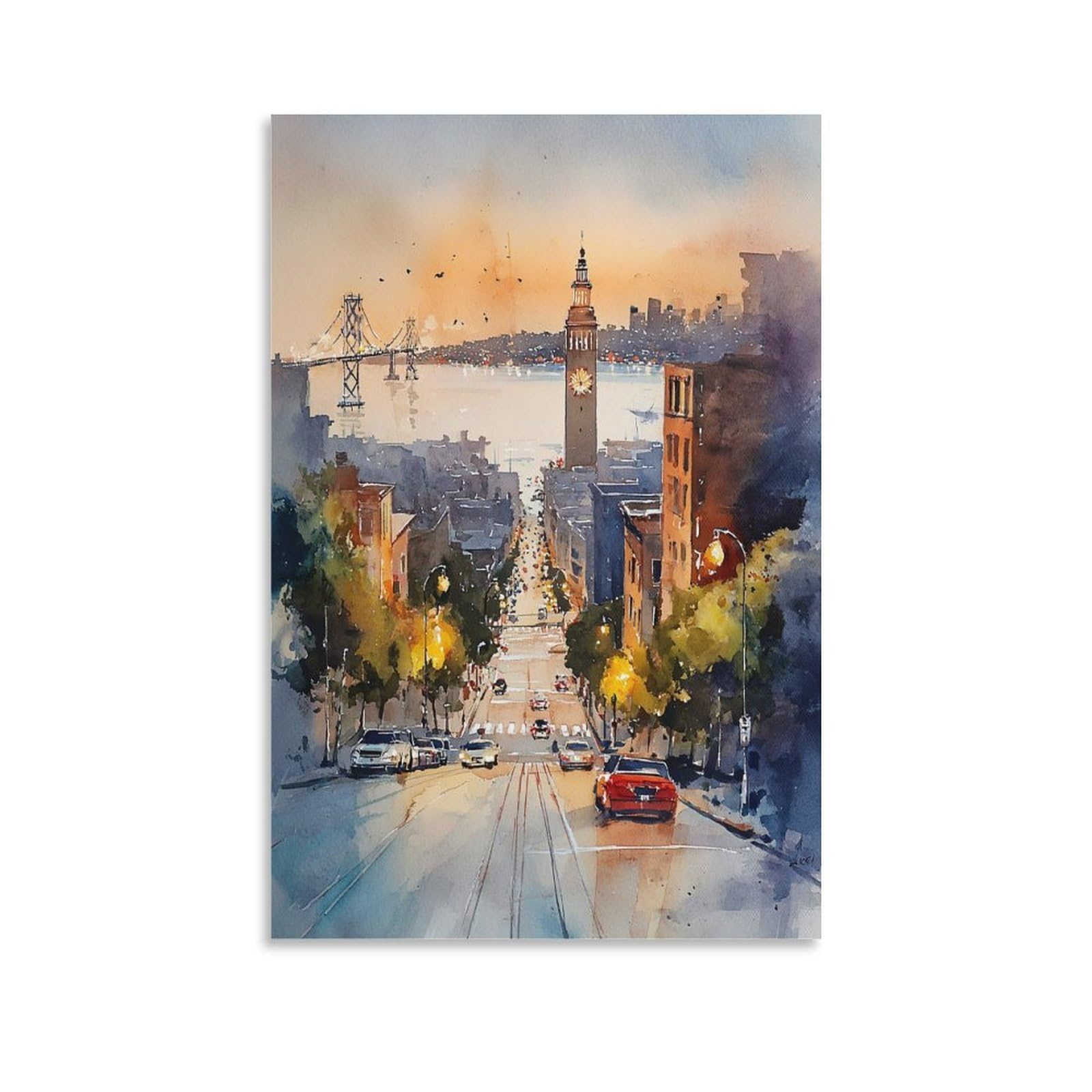 LCYNNH San Francisco Watercolor Painting 20x30inch(50x75cm) Vintage Travel Poster Watercolor Canvas Art