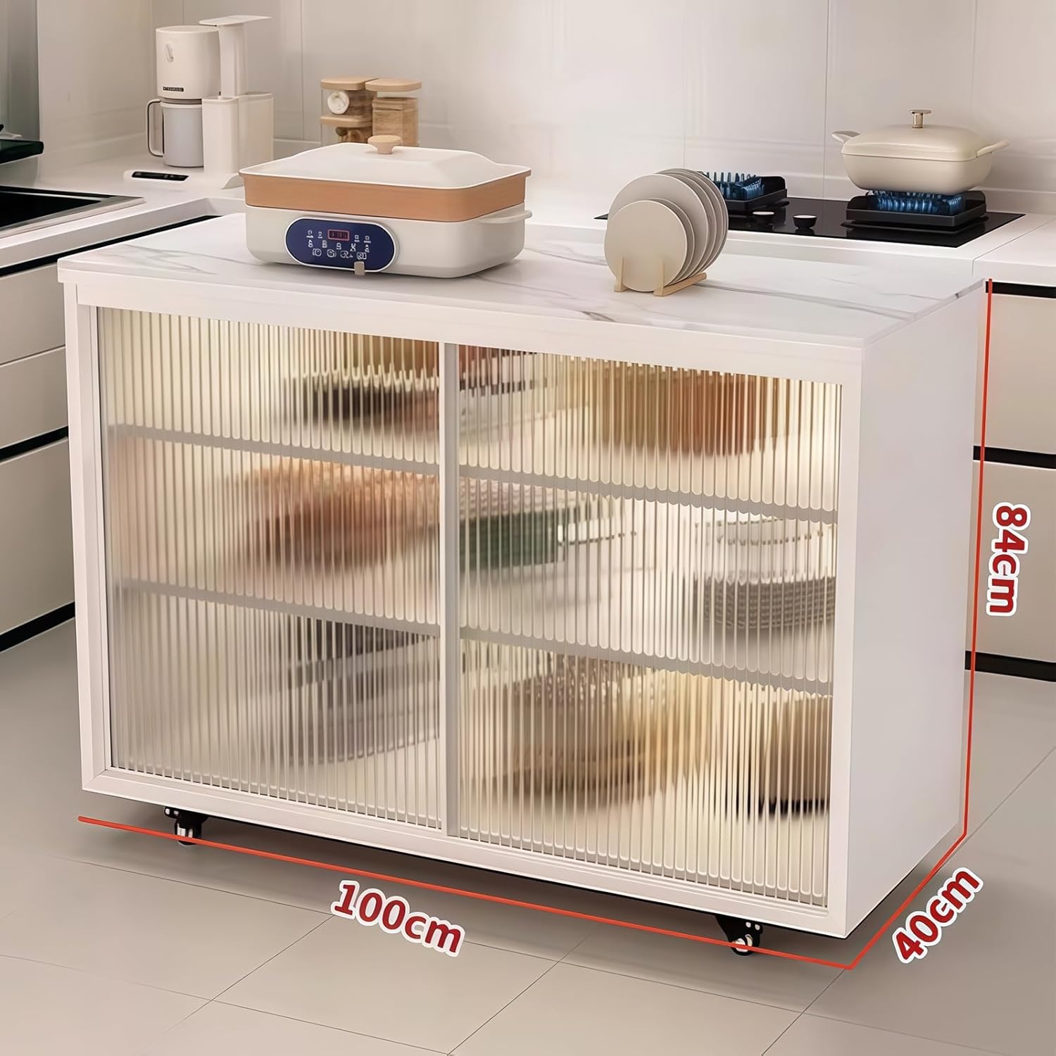 Storage Trolley Rolling Kitchen Island Cart with Sintered Stone Top Glass Doors & Adjustable Shelves Shelving Organizer(Medium)