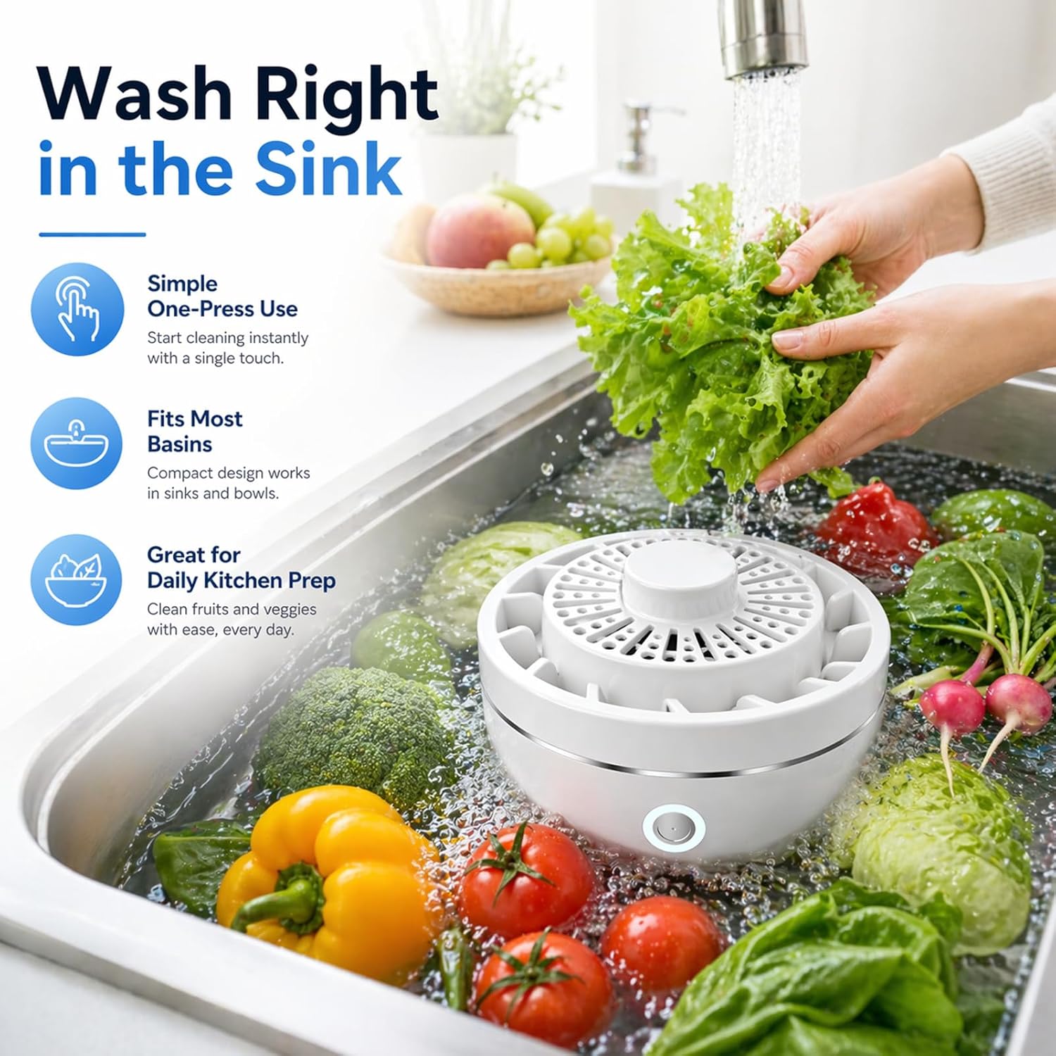 Fruit & Vegetable Cleaner, Portable Wireless Fruit and Vegetable Washing Machine, 3-Minute Clean, Electrolysis Purifier Technology, Waterproof for Washing Fruits, Rice, Meat (White)