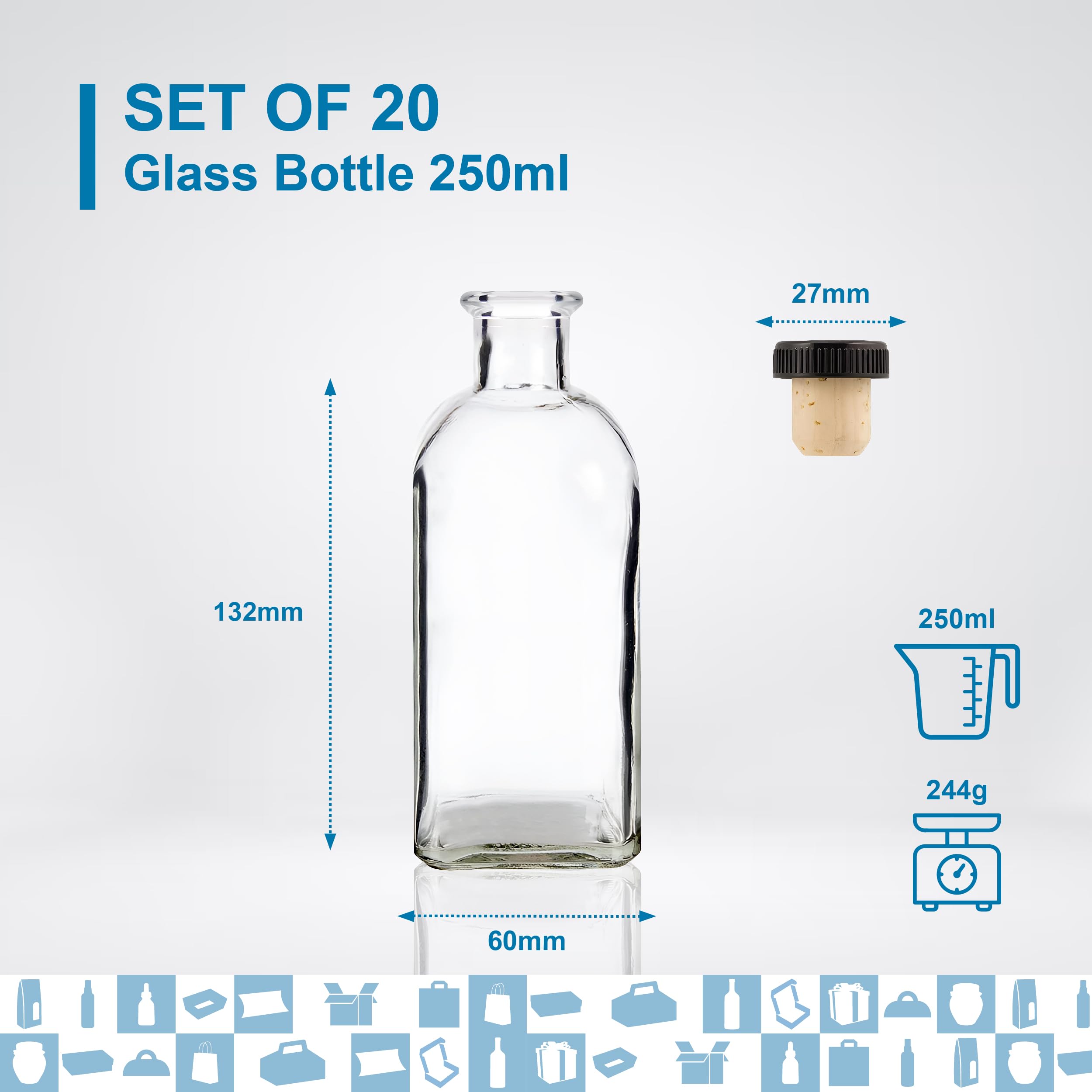 20 bottiglie di vetro da 250 ml con tappo incapsulato nero | bevande alcoliche: Rum, Whiskey, Liquori | Eleganza in vetro per souvenir, cocktail