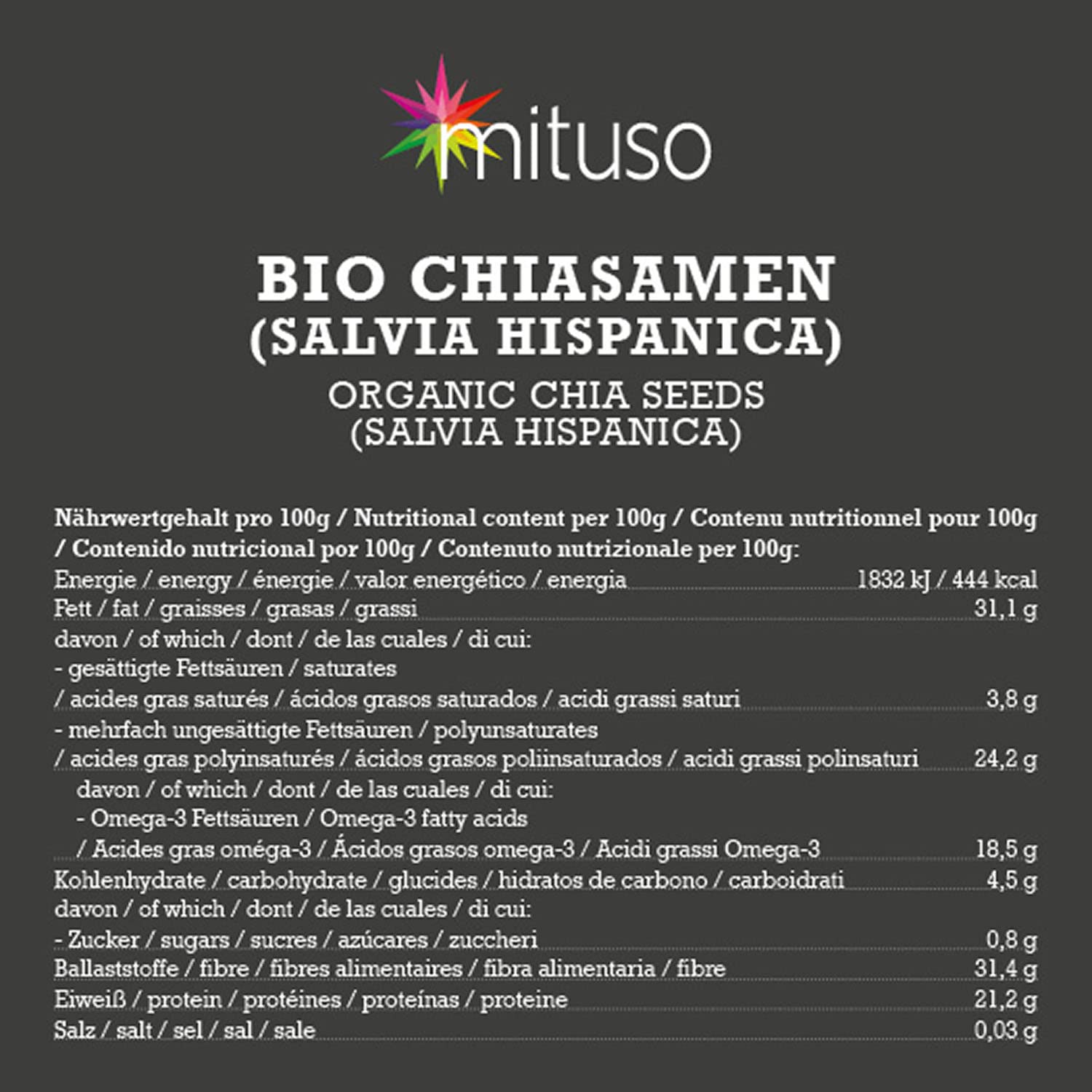 mitu Semillas de Chía Ecológicas 800g