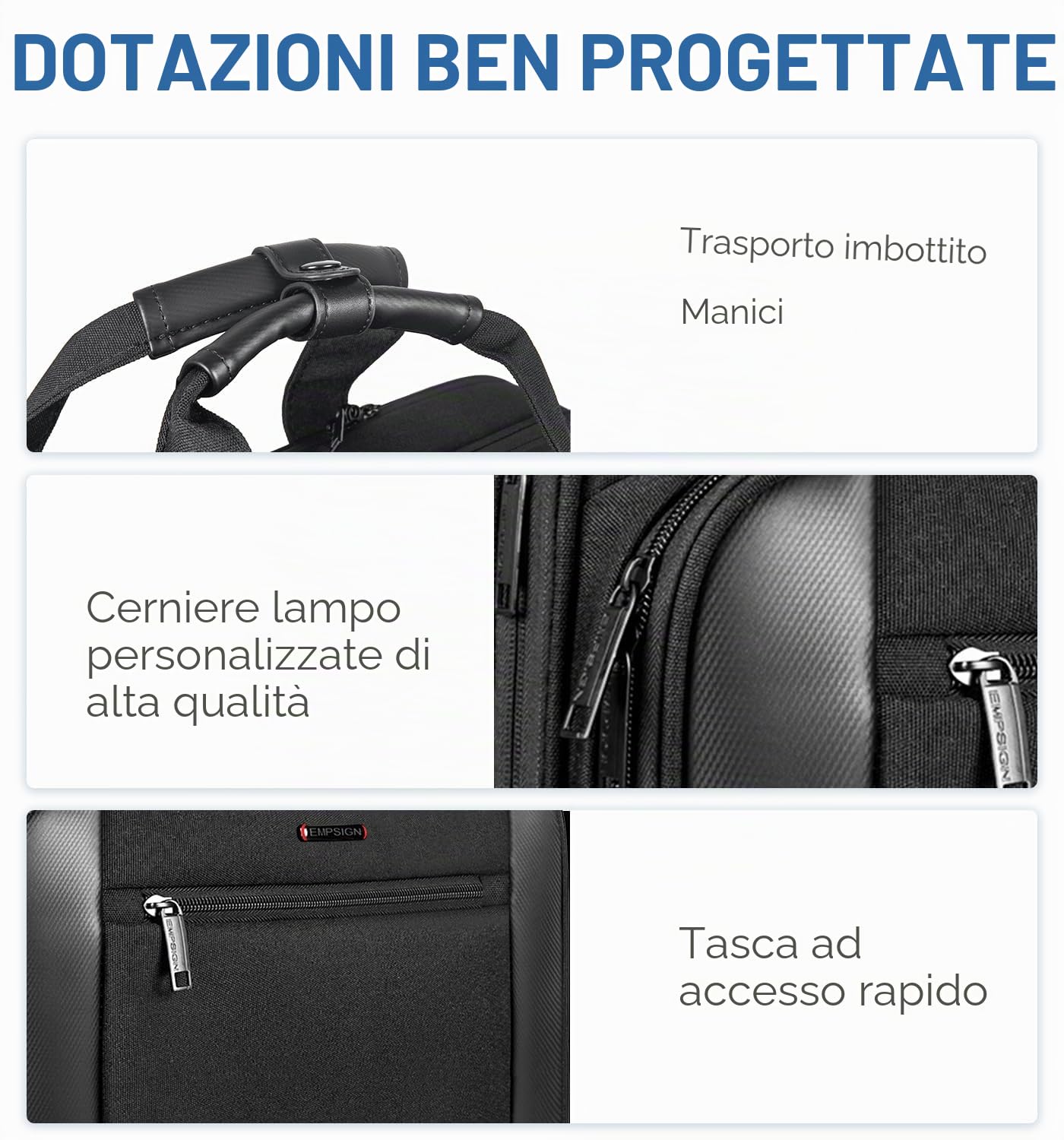 EMPSIGN Borsa porta PC 17,3 pollici con ruote, trolley impermeabile resistente, bagaglio a mano con tasca RFID, cartella con ruote per viaggio, lavoro e affari unisex - nera
