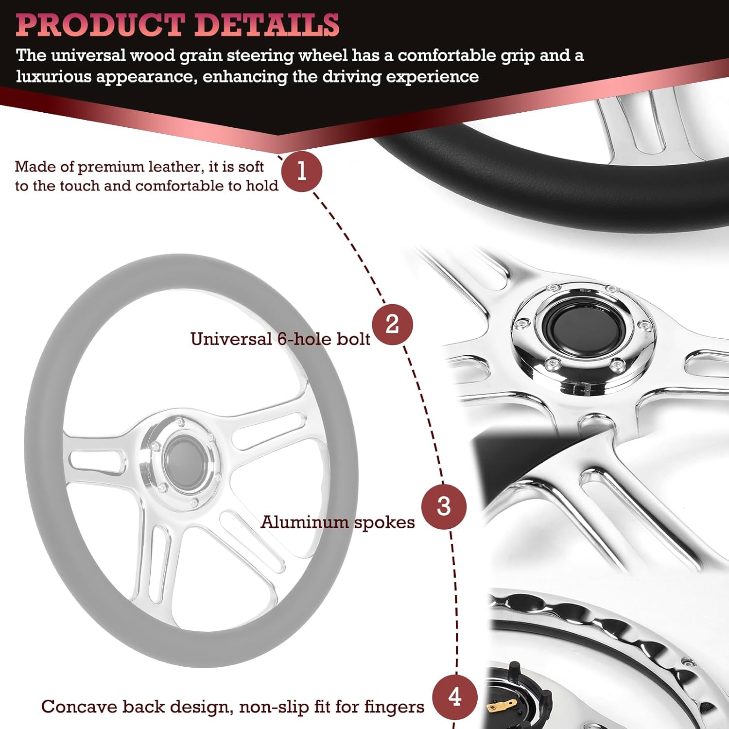 14inch Steering Wheel 350mm 4-Spoke 6-Bolt Chrome-Plated Aluminum Alloy, Deep Dish 70mm, 6-Bolt Fit for Racing, Cars, with Horn Button Classic Leather Grip 14'' Universal Steering Wheel