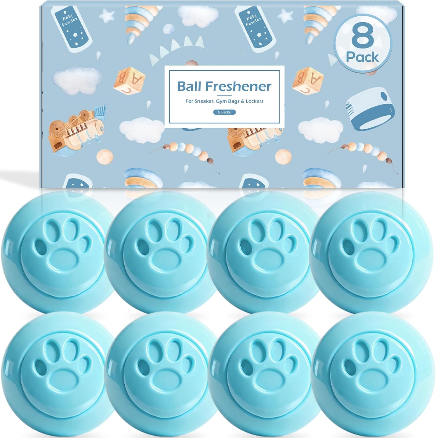 SCENTORINI 8 pack Shoe Deodorizer Balls, Baby Powder Scent Sneaker Deodorizer Balls Long Lasting Shoe Fresheners for Gym Bags, Drawers, and Small Spaces Odor Eliminator