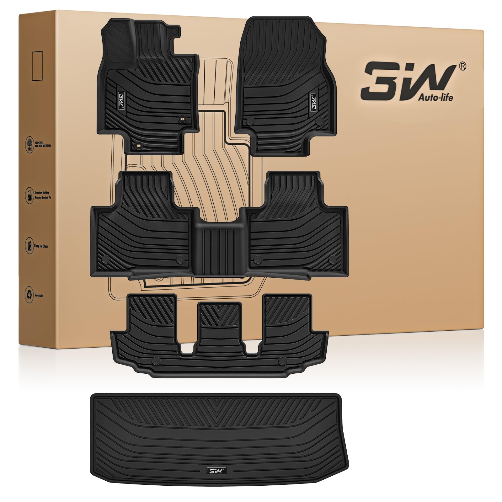 3W Floor Mats Fit 2020-2026 Toyota Highlander (Not for Hybrid), TPE, Black