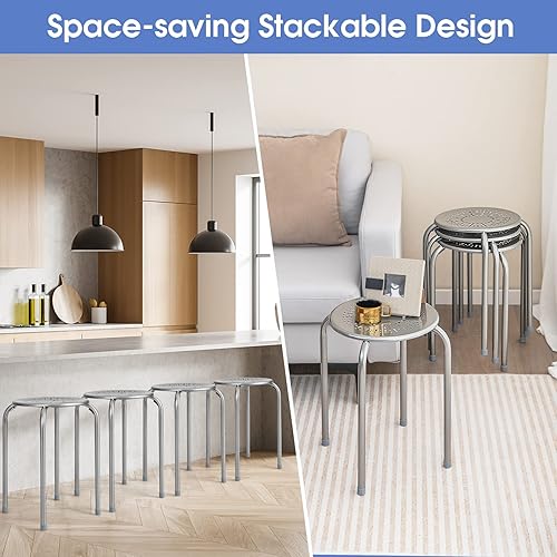 Miniatura 6 de COSTWAY 6-Pack Steel Stack Stools, 17.5-InchHeight Portable Stackable Backless School Stools with Daisy Design, Round Classroom Decoration Stools