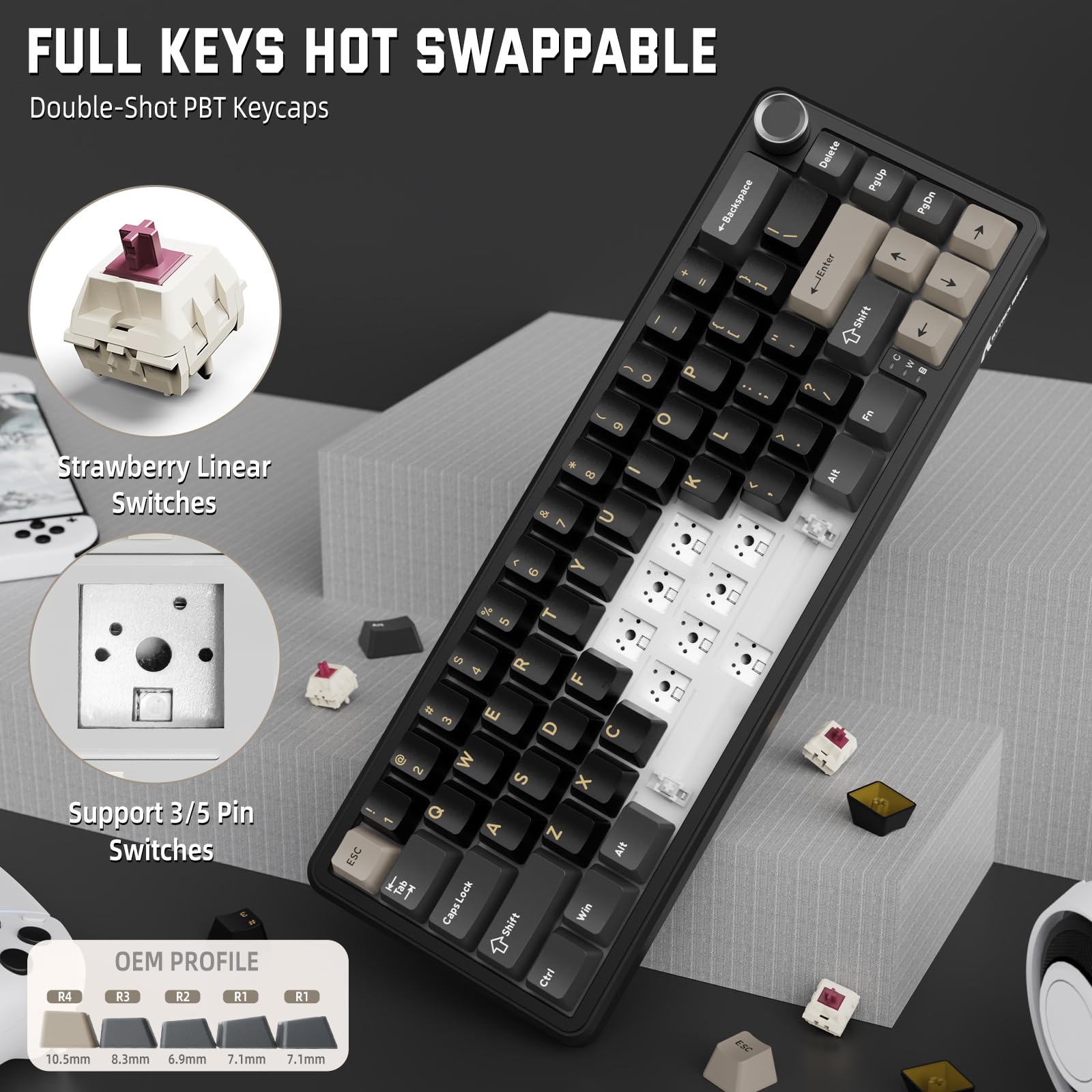 MAMBASNAKE X Attack Shark X66 Teclado Mecánico Inalámbrico Al 65% con Perilla, Teclado para Juegos RGB con Intercambiables En Caliente 60%, BT/2,4 G/USB-C, Interruptor Lineal, Tecla PBT-Starry Black
