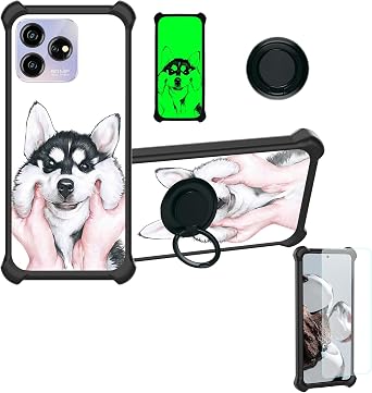 OSNCG Case Compatible for ZTE Axon 50 Lite 8050 Phone Case Cover [with Tempered Glass Screen Protector][Hard PC + Soft Silicone][Ring Support] [Luminous Effect] YGH-HSQ