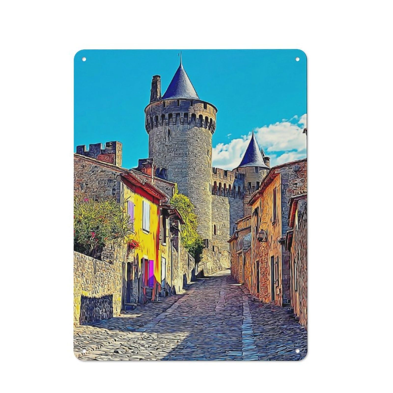 Junmoney Medieval Castle Street Scene Retro Metal Sign 40X30cm For Garage Wall, For Home Interiors And Metal Sign Collectors