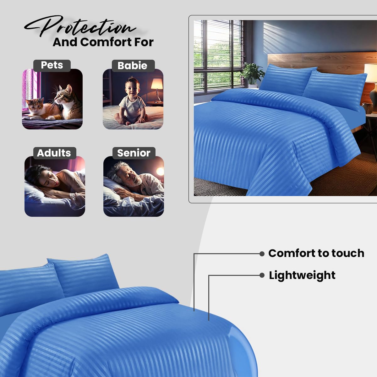 DTEX HOMES Double Duvet Set Brushed Microfiber Satin Stripes Easy Care Duvet Cover with Pillow cases (Mid Blue-Double) - Image 3
