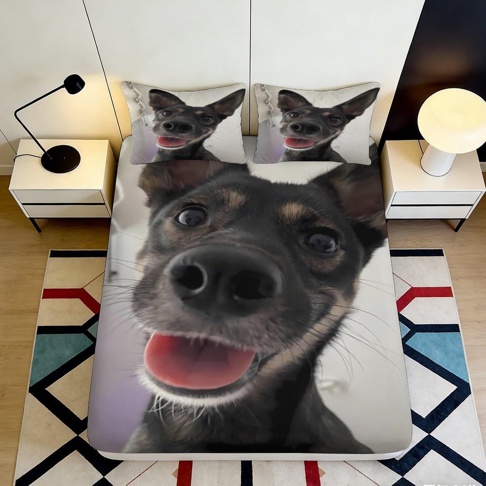 3D Printed Happy Dog Fitted Sheet Microfiber Soft Breathable Smiling Pet Bed Cover for Bedroom Dormitory Guest Room Mattress Protection Decor 140x200x25cm