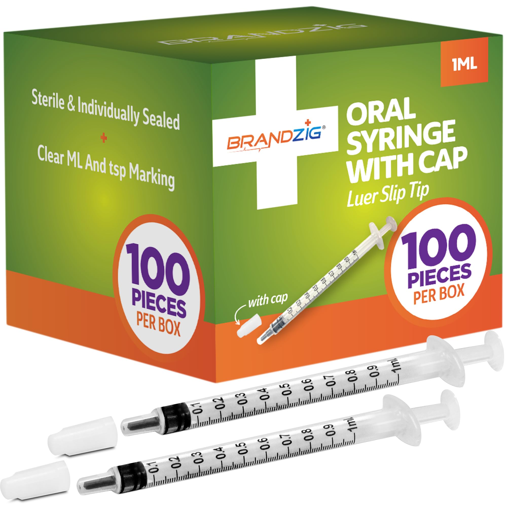 1ml Syringe with Cap (100 Pack) | Oral Dispenser Without Needle, Luer Slip Tip, | Sterile Individually Wrapped Medicine Dropper for Infants, Pets and Colostrum Collector