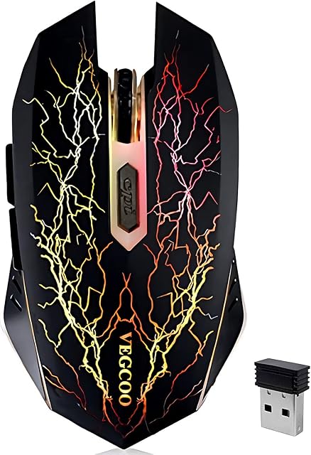 VEGCOO Wireless Gaming Mouse, C8 Silent Click Wireless Rechargeable Mouse with Colorful LED Lights and 2400/1600/1000 DPI for Laptop and Computer (C11 Black)