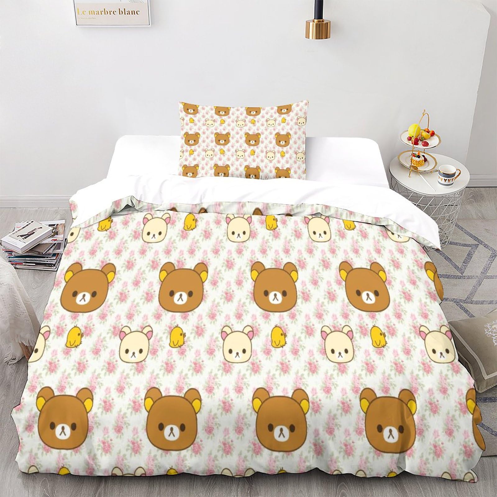 Housse de couette petit ours zippée anti-glisse parure de lit microfibre douce 135x200cm