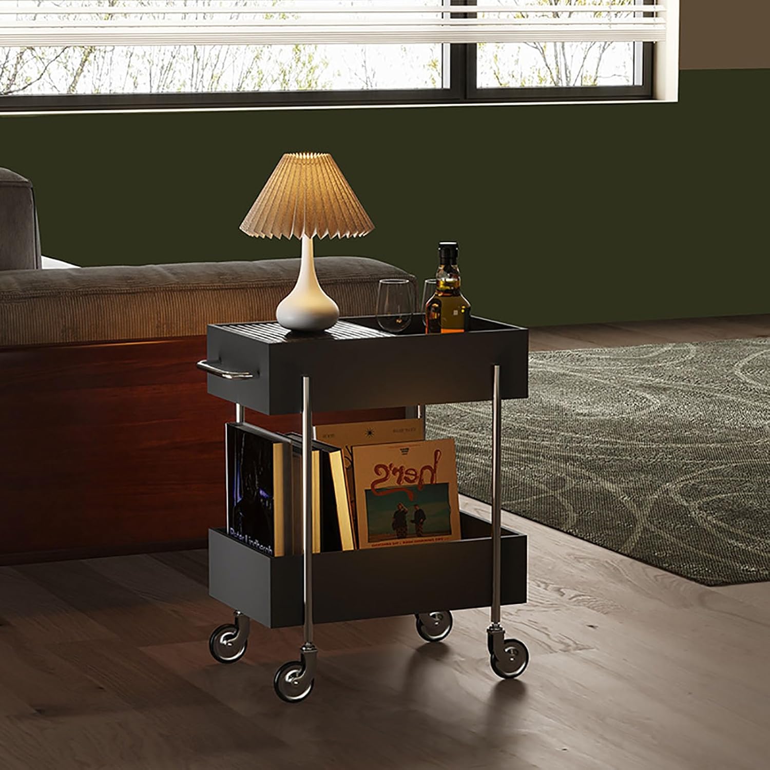 2 Tier Mobile Bar Cart,Home Bar Serving Cart,Drink Coffee Cart with Wheels,Rolling Storage Cart for Kitchen and Living Room,Black