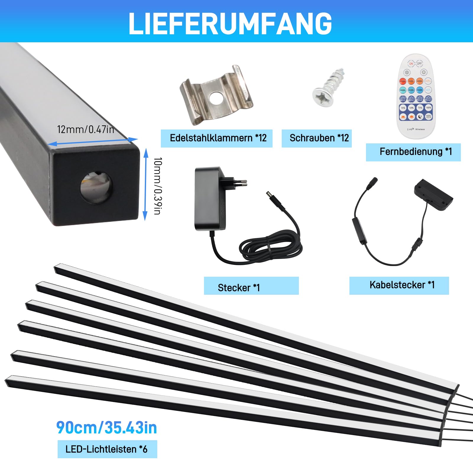 6 x 90 cm LED do paneli akustycznych, 3 regulowane kolory światła, listwa LED, oświetlenie 2700-6500 K, panele akustyczne, aplikacja i pilot zdalnego sterowania, samoprzylepna listwa świetlna