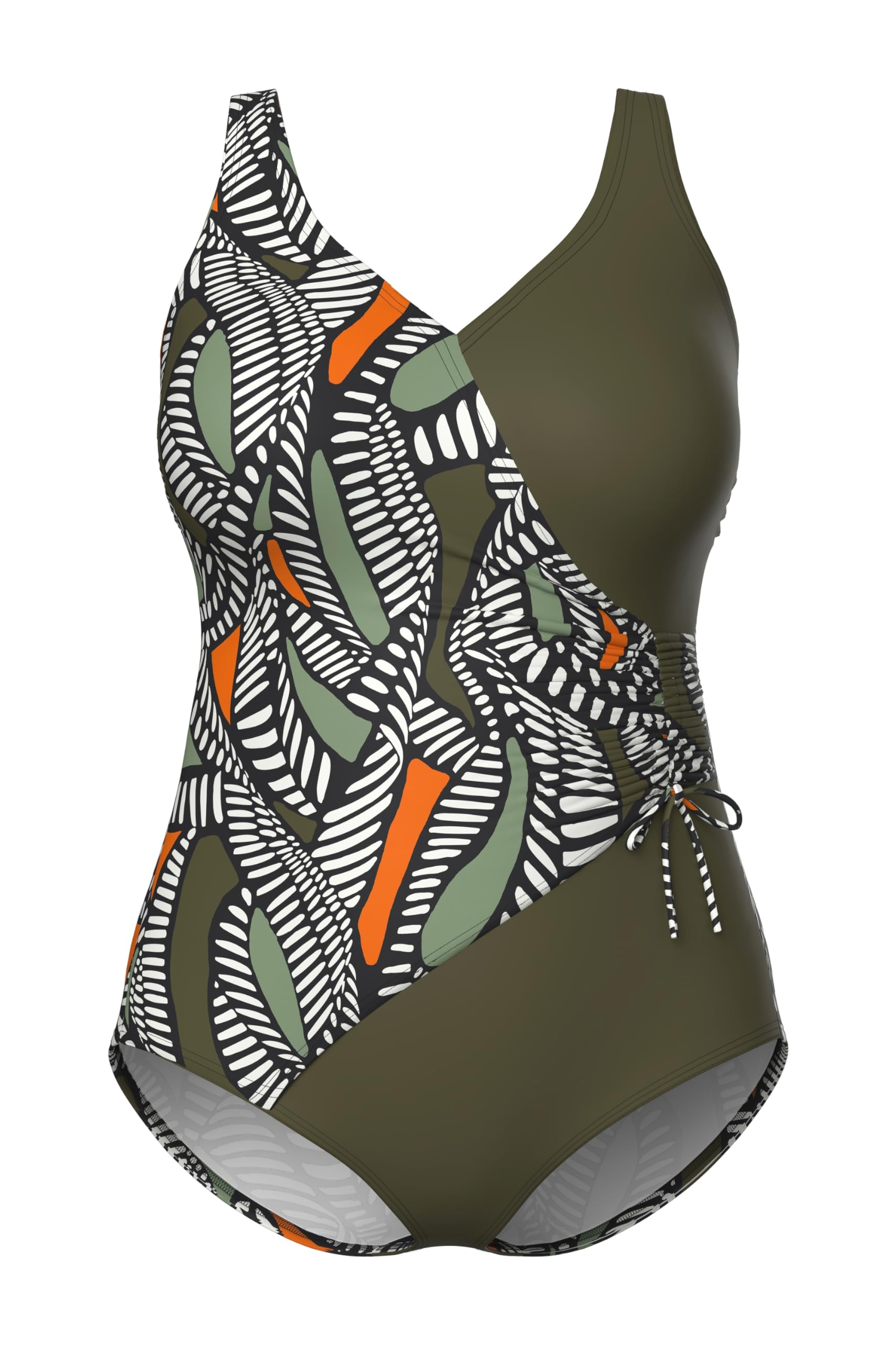 Ulla Popken Damen große Größen Übergrößen Plus Size Badeanzug, Wickeleffekt, Softcups, Zierbänder 846664