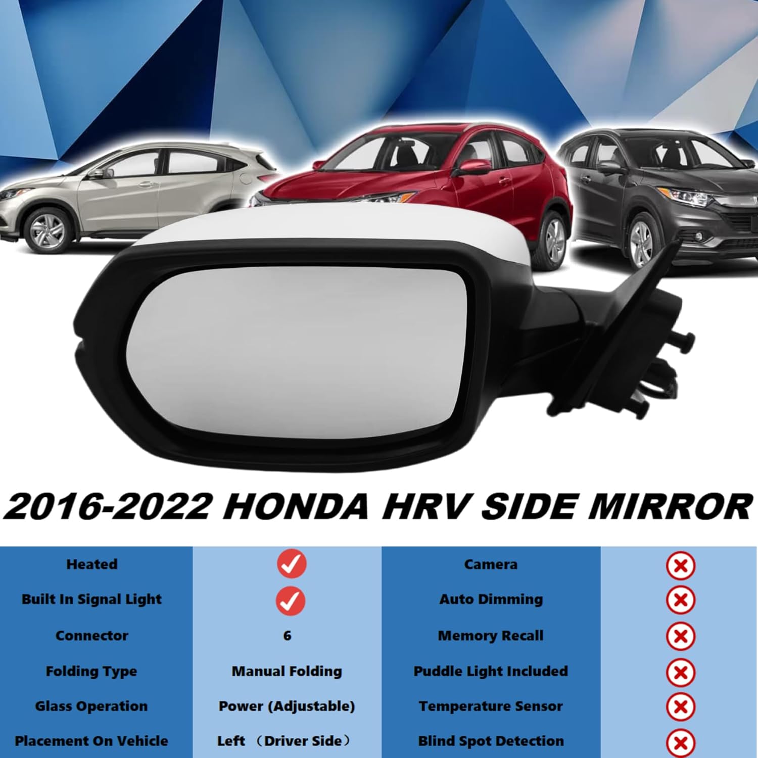 Left Driver Side Mirror Compatible With 2016 2017 2018 2019 2020 2021 2022 HR-V EX EX-L With Power Heated Glass Turn Signals Manual Folding White