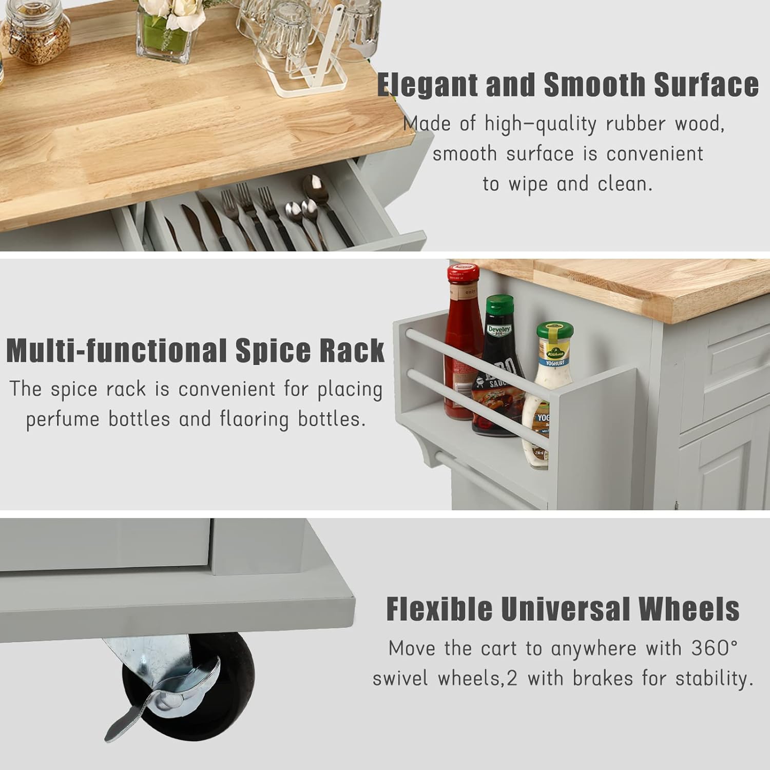 NSdirect Kitchen Island Cart,Kitchen Bar&Serving Cart Rolling on Wheels with Spice Rack Towel Holder Utility Storage Trolley with Storage Drawers for Home Hotel Kitchen Dinning Room(Grey)