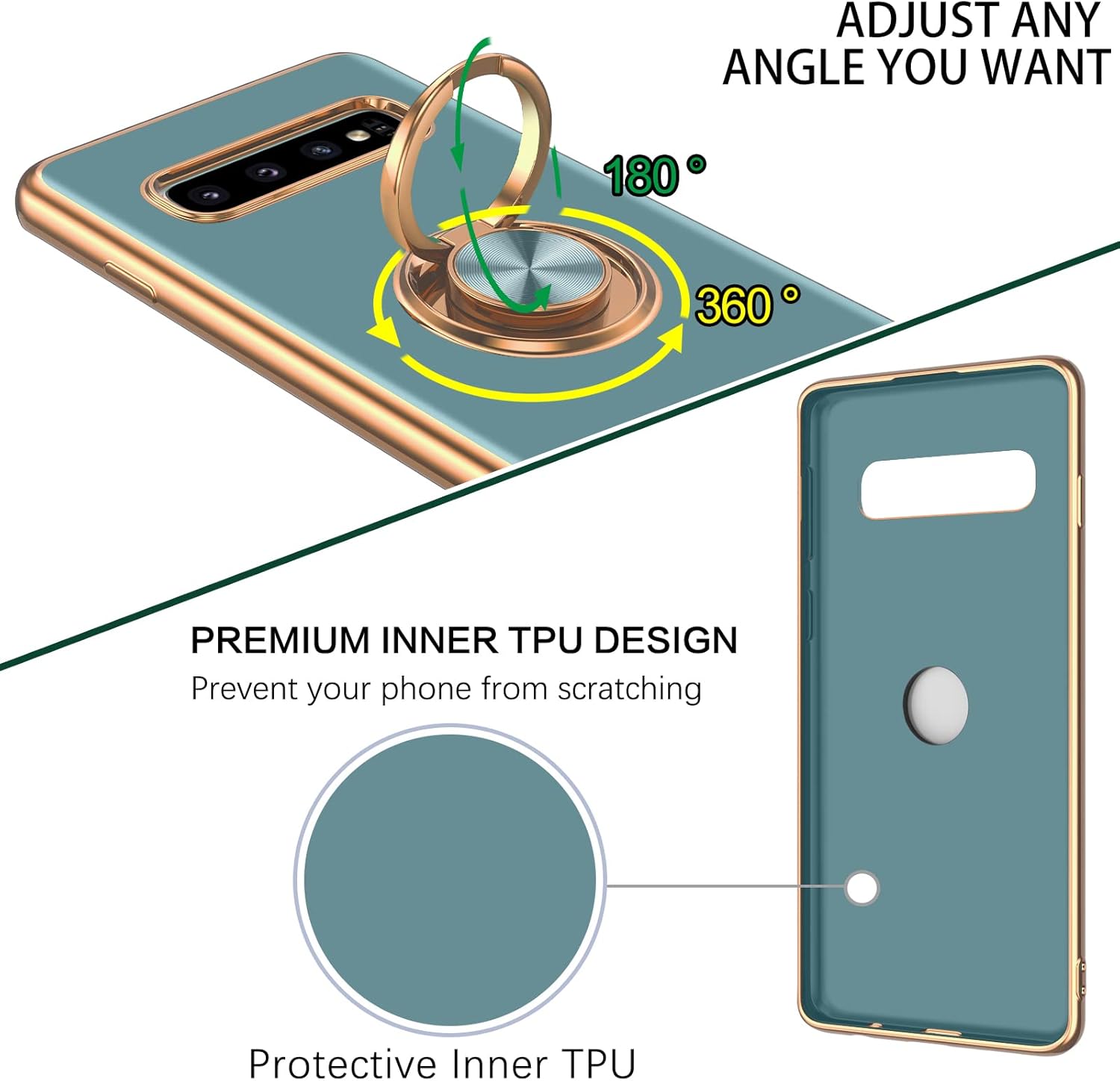 DUEDUE for Samsung Galaxy S10 Plus Case with Ring Holder Kickstand 360 Degree Rotation Magnetic Car Finger Slim Cover Shockproof Full Body Protective Phone Case for Samsung S10 Plus, Gray Green - Image 3