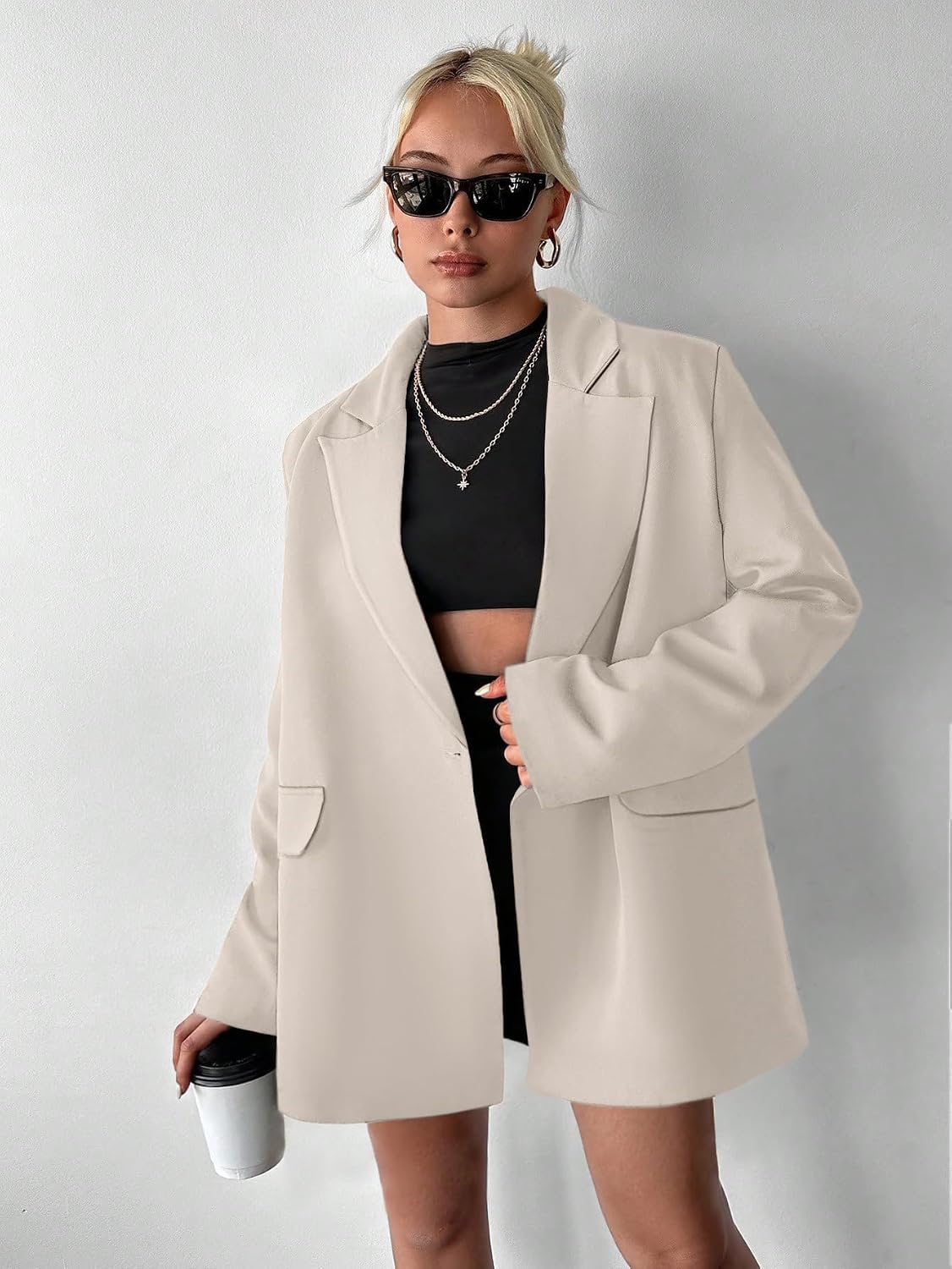 Women Blazer Suit Jacket Notched Collar Casual Work Office Long Sleeve Slim Fit Work Office Blazer with Pockets