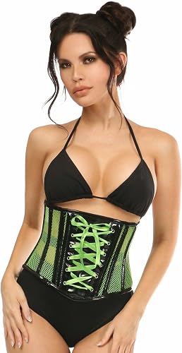 Top Drawer Neon Green Patent & Fishnet Underbust Corset (Medium)