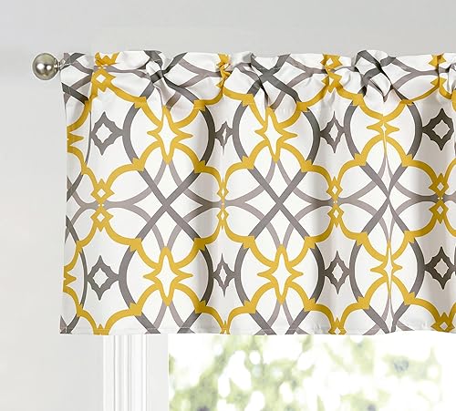 Annlaite Cenefa de cortina de ventana con patrón de enrejado en espiral para cocinabaño, bolsillo para barra, 52 x 18 pulgadas, amarillogris