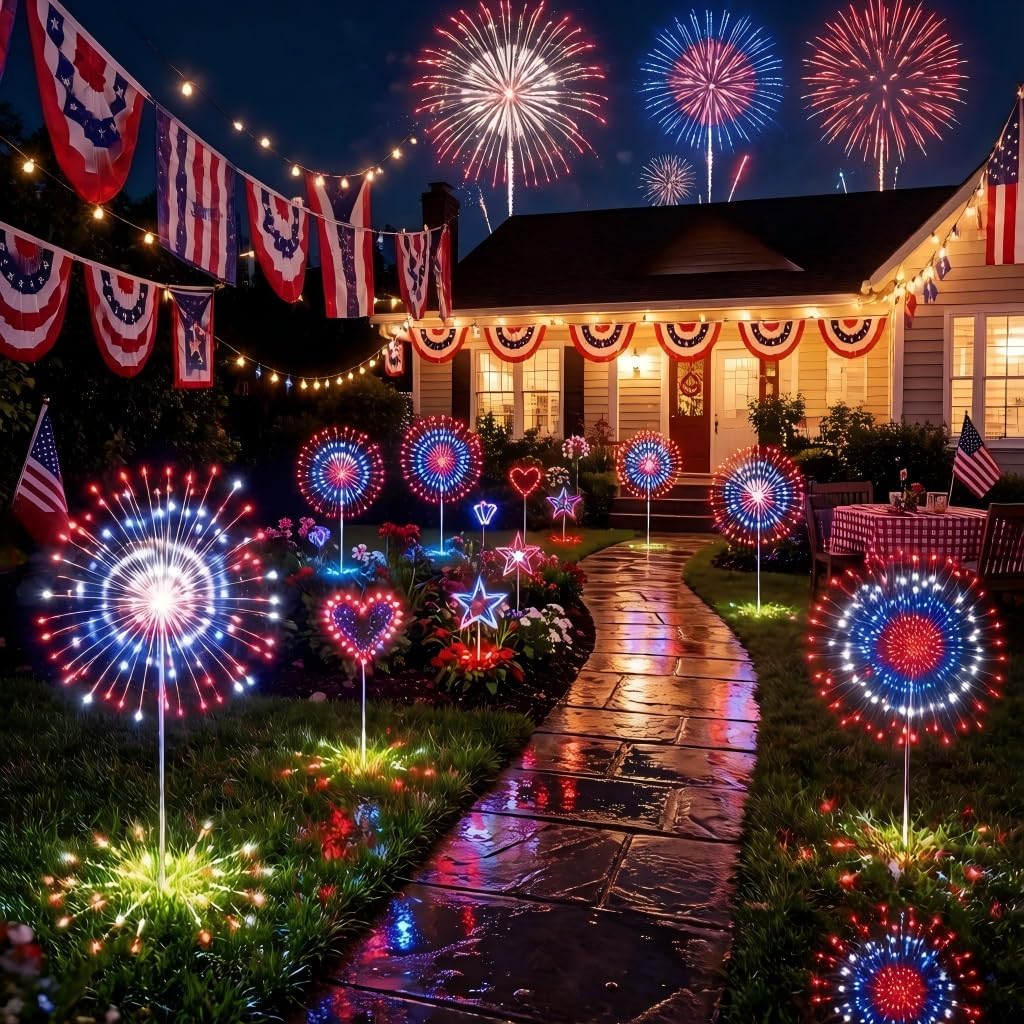 8 Pack 4th of July Solar Firework Lights Outdoor, 1440 LED 8 Modes Red White Blue Patriotic Garden Lights with Timer Remote and USB Charging for Patio Yard Pathway Decor
