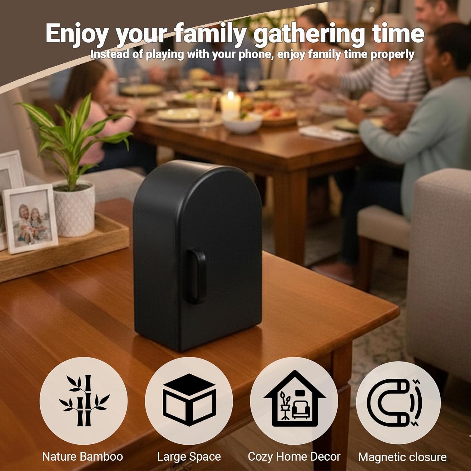 Cell Phone Box for Family Time, Bamboo Cell Phone Jail, Hold 6 Phones, Phone Holder Self-Discipline Box, Family Time Organizer, Help Families Focus Back Mobile Phone Addiction (Black)