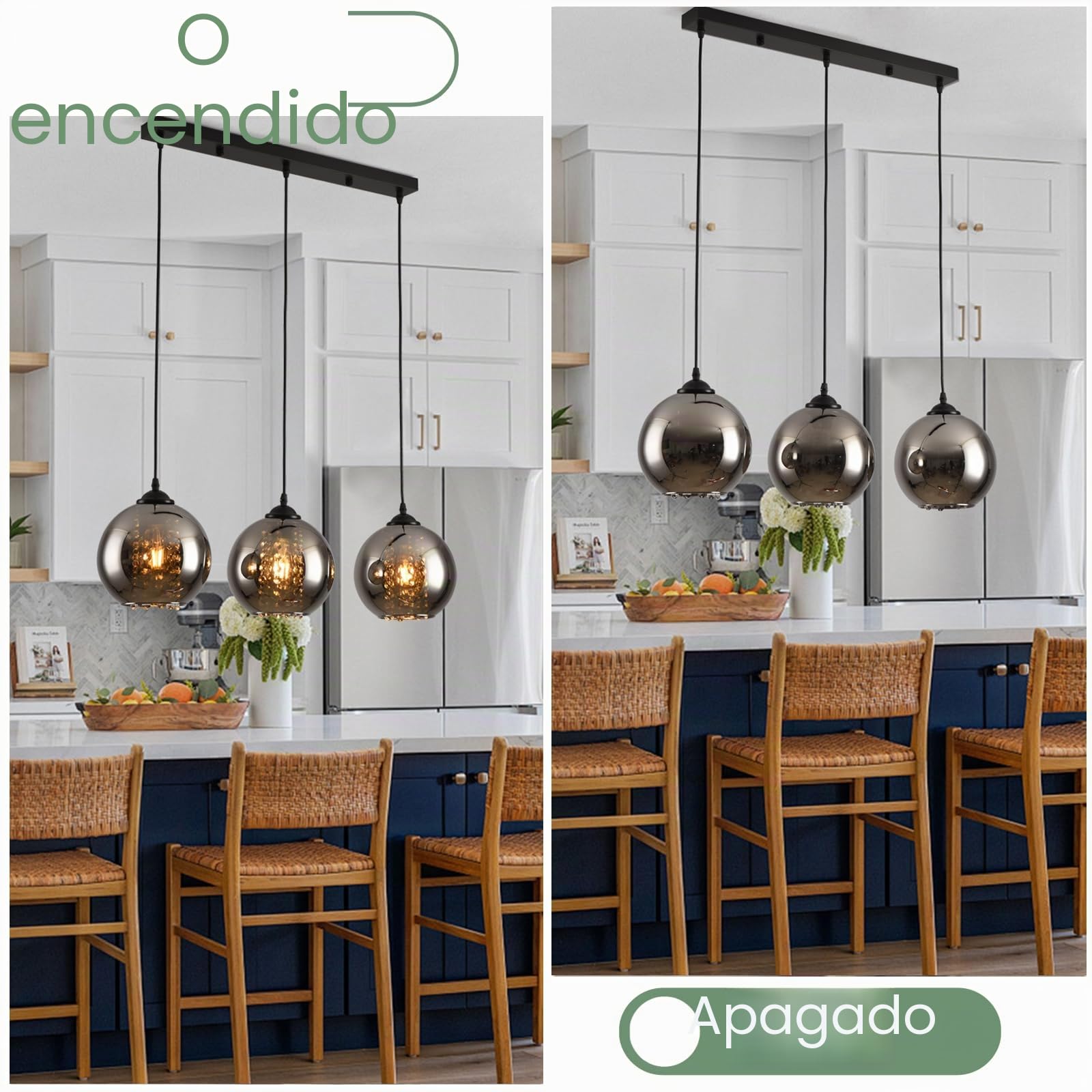Lámpara colgante industrial de 3 luces Ø20cm E27 Negro Lámpara de techo Forma de Bola Vidrio Vintage lámpara colgante para Mesa de Comedor Cocina