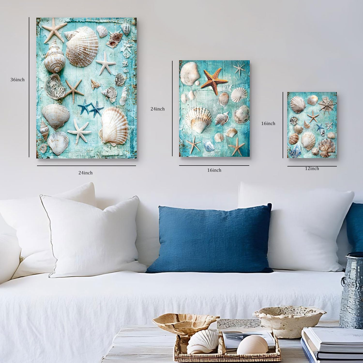 Teal Blue Beach Seashell Wall Art 3 Pcs, Rustic Coastal Starfish Pictures Bathroom Decor Vintage Farmhouse Nautical Theme Painting Canvas Prints Artwork for Living Room Bedroom Home Decoration 12x16"