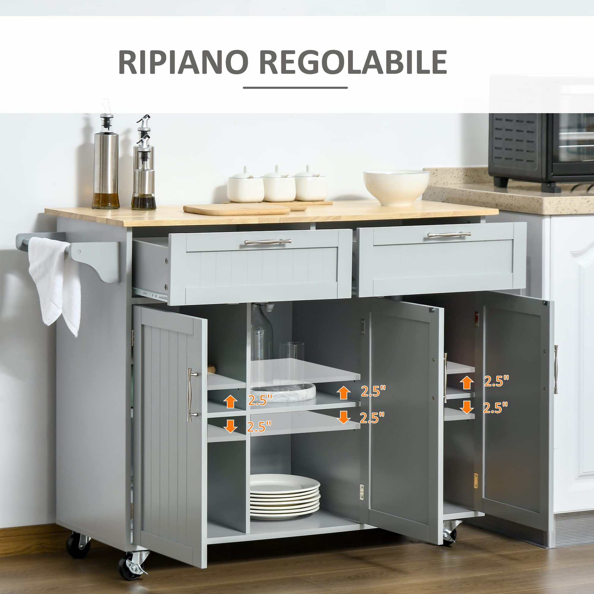 HOMCOM Isla de Cocina con Ruedas Carro de Cocina Mueble Auxiliar de Cocina con 2 Cajones 3 Puertas y Barra Lateral para Comedor 121x46x91 cm Gris