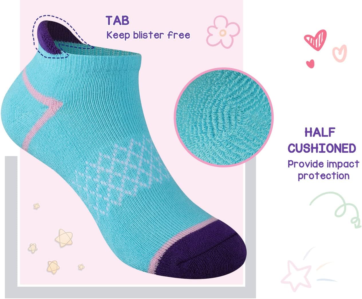 Comfoex 12 Pairs Girls Socks Ankle Athletic Socks Cotton Sports Socks With Cushioned Sole For Big Little Kids - Image 3