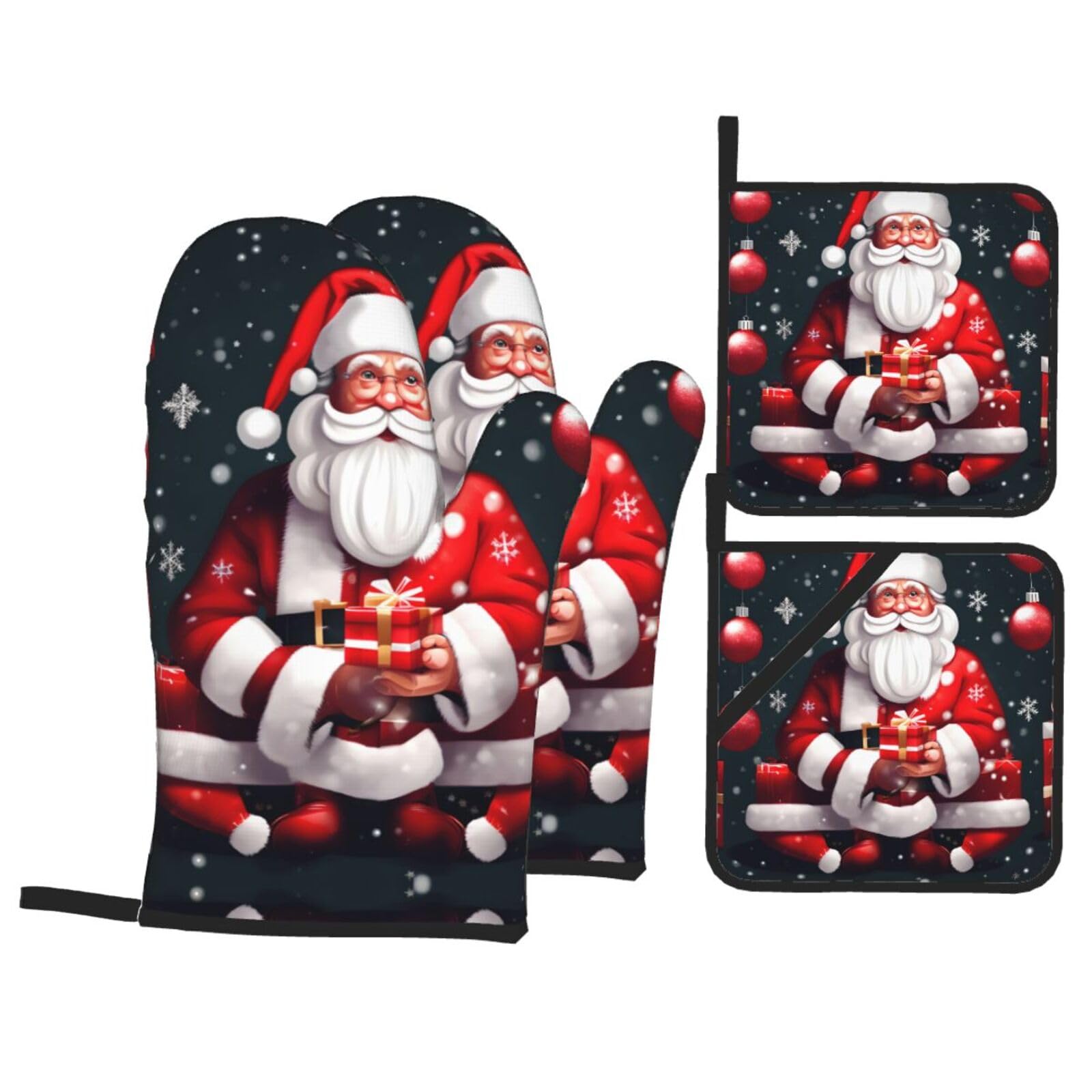 Christmas Santa Clauss Print Oven Microwaving Waterproof Kitchen Gloves for Baking Grilling Holiday Cooking