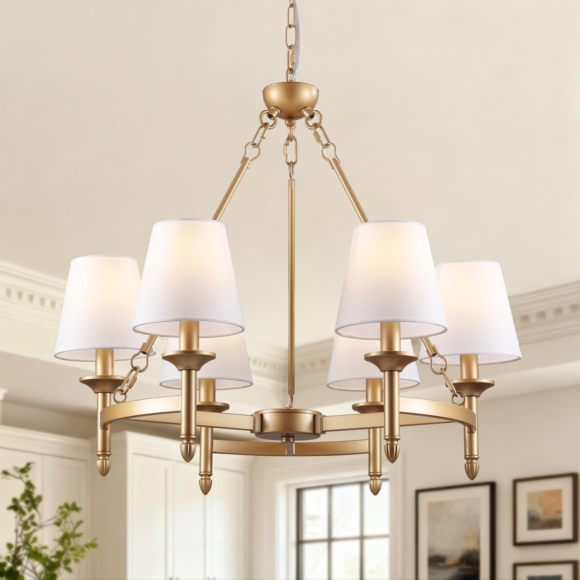 Photo 1 of ZJBEIJIA 25.2" Gold Chandelier for Dining Room, 6-Light Antique Modern Chandelier Light Fixture with White Fabric Shade, Farmhouse Chandeliers Ceiling Light Fixture for Kitchen Bedroom Entryway Foyer