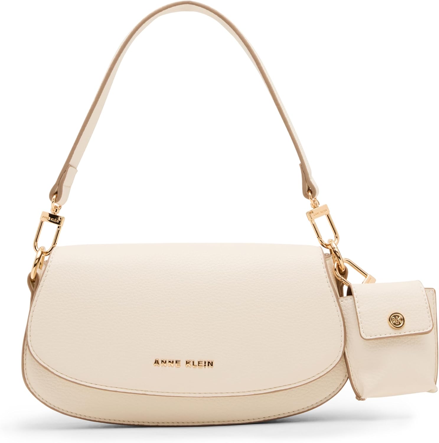 Anne Klein Womens Saddle with 3 Straps: Detachable Shoulder Stra, Wide Logo Deboss Strap & Standard Strap, Pearl White