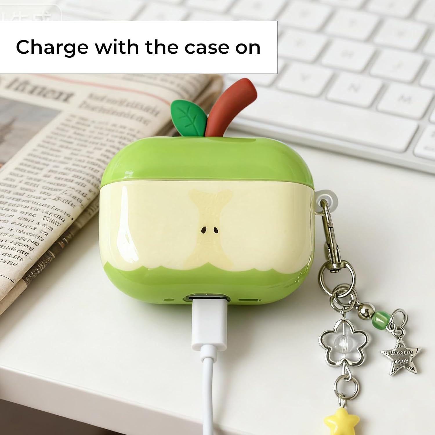 for Cute Green Apple Case Compatible with AirPods Pro 3rd Generation, Hard PC Shockproof Protective Cover with Keychain, Front LED Visible Kawaii Fashion Earbud Case for Women Girls