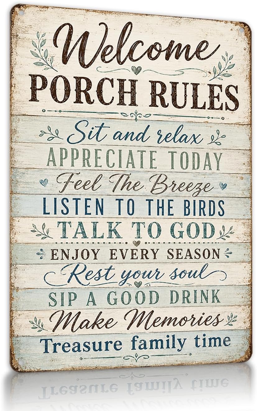 Rustic Porch Rules Metal Sign, Welcome Wall Decor 8"x12"