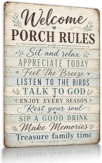 Rustic Porch Rules Metal Sign, Welcome Wall Decor 8"x12" | Vintage Summer Outdoor Wall Art for Farmhouse Porch Outside, Gifts for Men Women