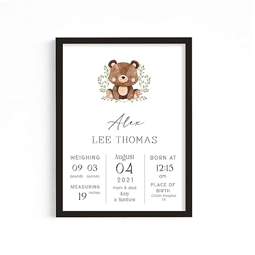 Personalized Animals Baby Birth Stats Sign, Announcement Poster, Custom Animals Baby Boy & Girl Nursery Wall Art Prints, Photography Props, Newborn