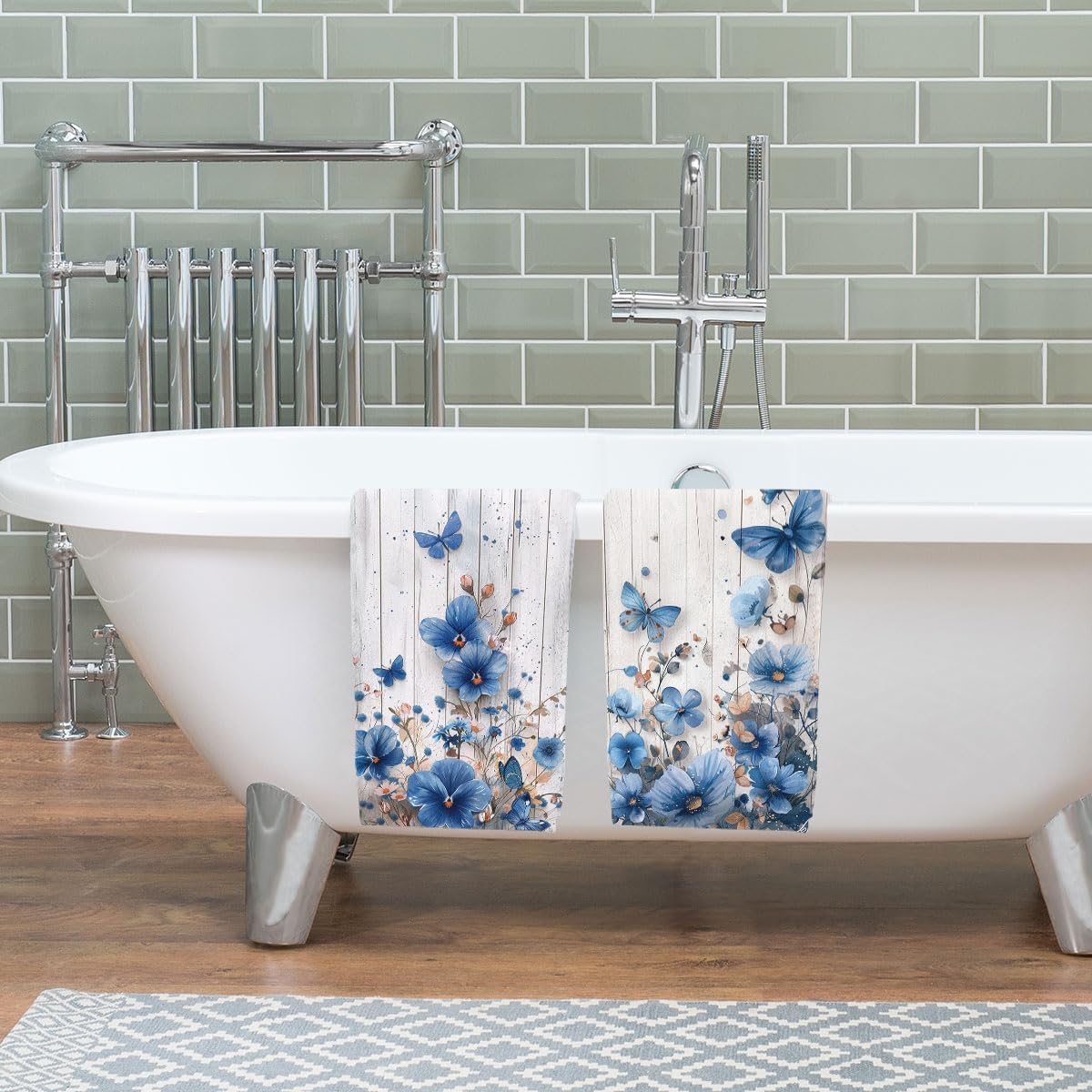 Vintage Blue Flowers Bath Hand Towels Absorbent Butterfly Daisy Decorative Hand Towels for Bathroom Kitchen Home Spa Hotel Yoga,Bathroom Decor Accessories Gifts for Women Man 14x28